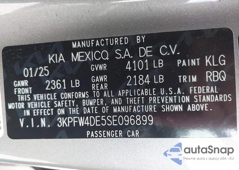 2025 Kia K4 Gt-Line z USA, uszkodzony, nr VIN 3KPFW4DE5SE096899